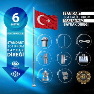 6 Metre İnox 304 Kalite Paslanmaz Krom Çelik Standart Bayrak Direği