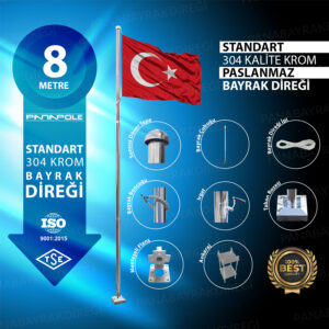 8 Metre İnox 304 Kalite Paslanmaz Krom Çelik Standart Bayrak Direği