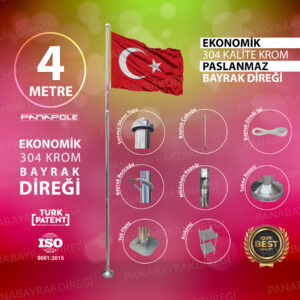 4 Metre İnox 304 Kalite Paslanmaz Krom Çelik Ekonomik Bayrak Direği